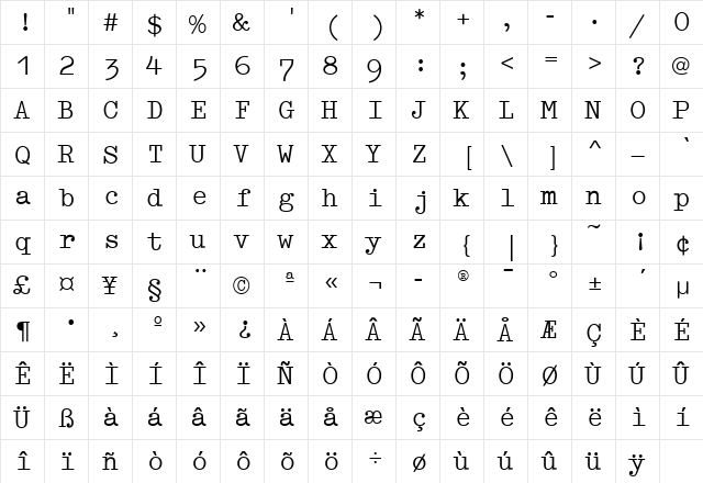 TechnoScriptEF Regular  glyph index