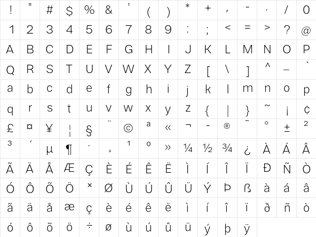Cabrion Light  glyph index
