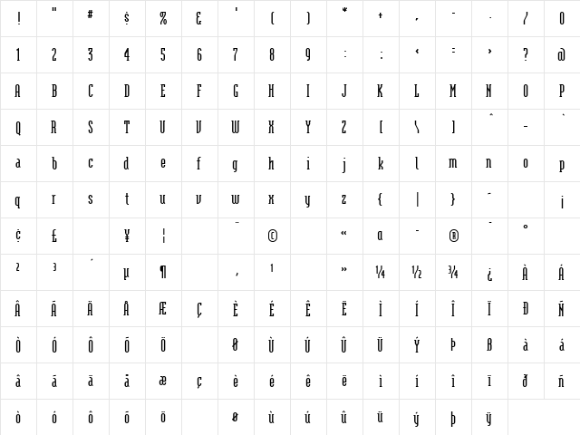 ModulaSerifBold Bold  glyph index