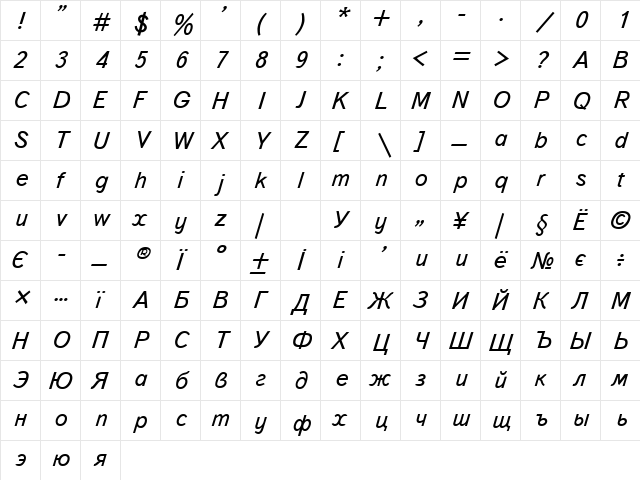 Uk_Bukvarnaya Italic  glyph index