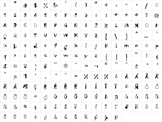 Letterine Regular  glyph index