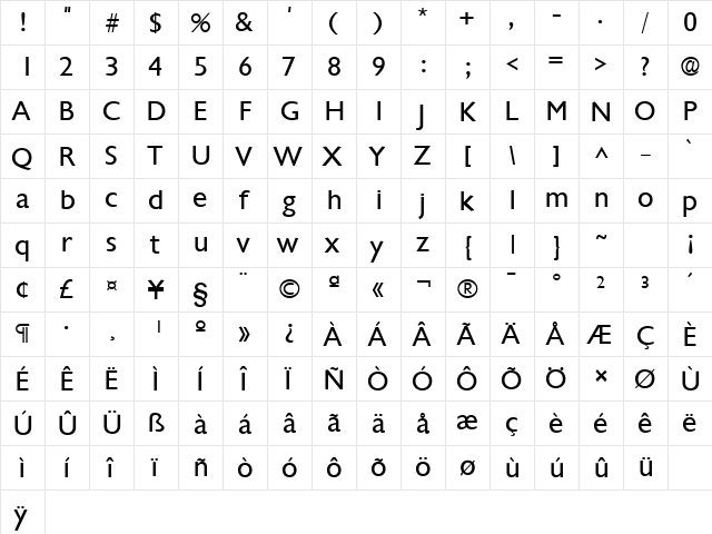 Chantilly Regular  glyph index