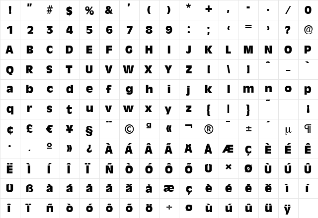 RavennaSerial-Heavy Regular  glyph index