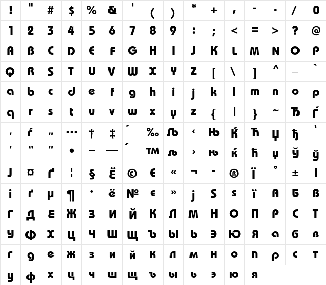 BauhausC Regular  glyph index