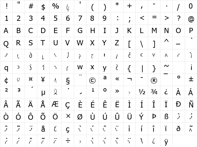 Tahoma Regular  glyph index