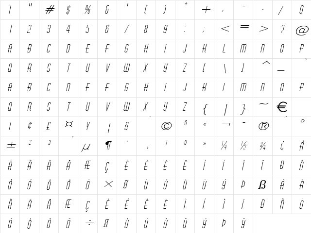 HustleWide Italic  glyph index