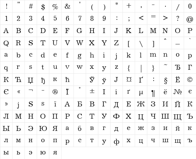 JournalCTT Regular  glyph index