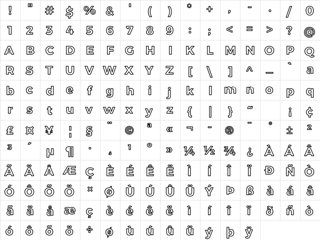 Trueno BdOl  glyph index