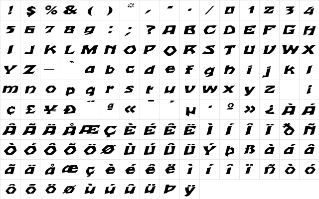 TalonExtended Italic  glyph index