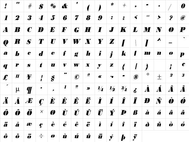 URWBodoniDExtBolExtNar Oblique  glyph index