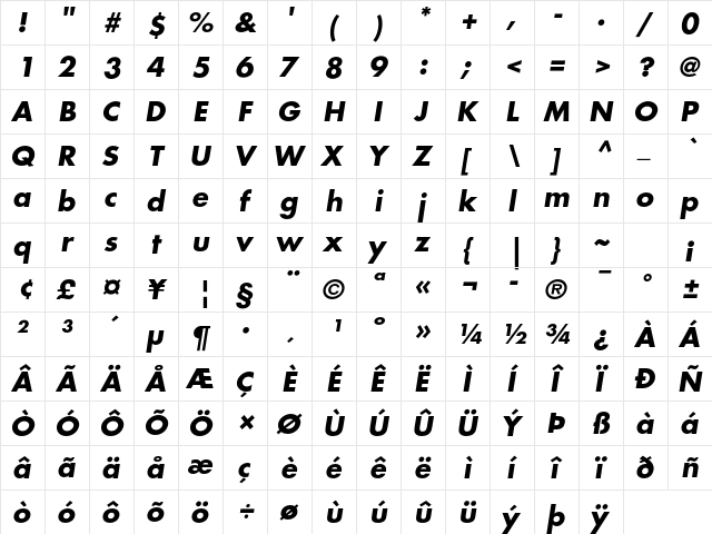 Futura Std Bold Oblique  glyph index