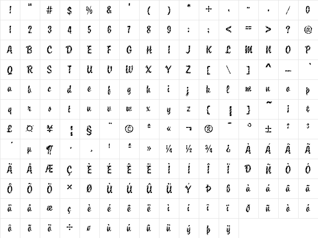 DTC Brody M27 Regular  glyph index