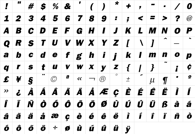 Franklin HeavyItalic  glyph index
