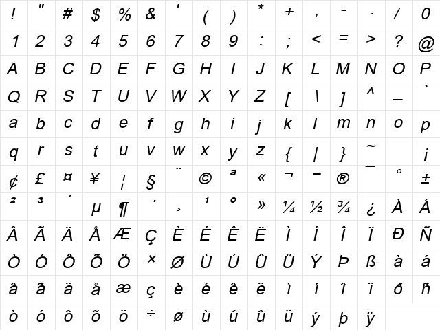 Amaro Arial Italic  glyph index