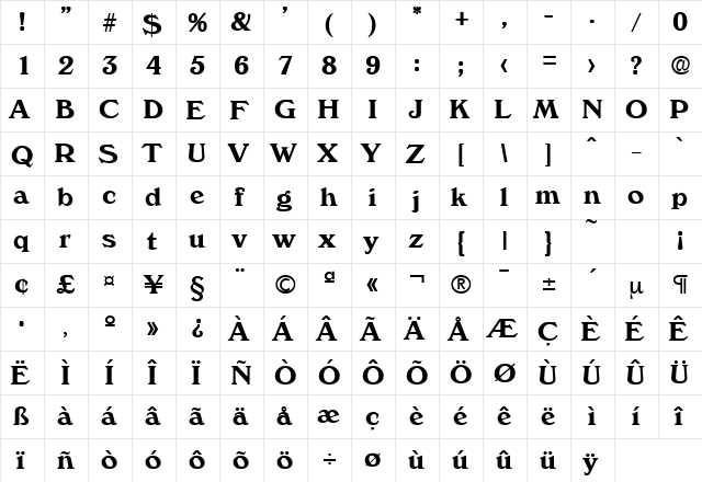 Verona-Serial Bold  glyph index