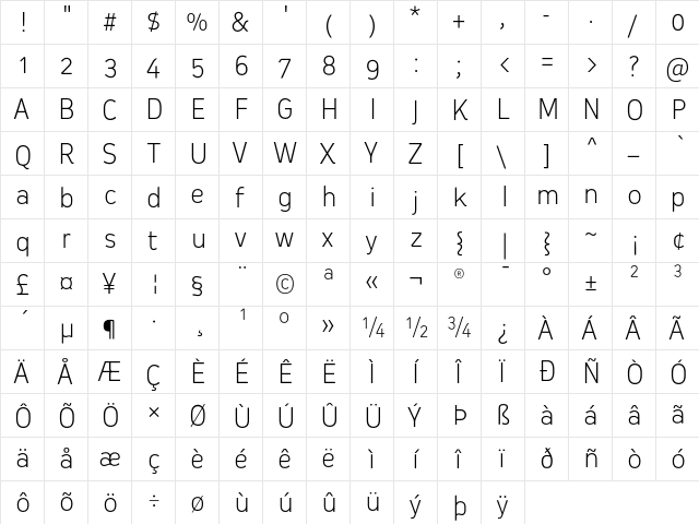 Oceania-Light Regular  glyph index