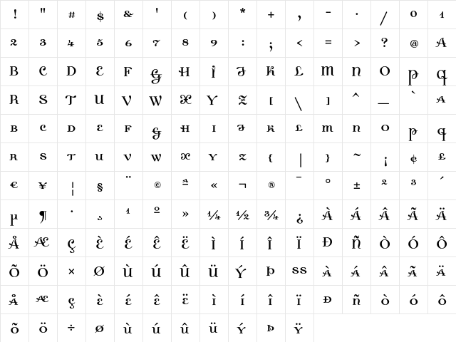 Dalliance Regular  glyph index