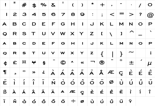 Chisel Wide Bold  glyph index