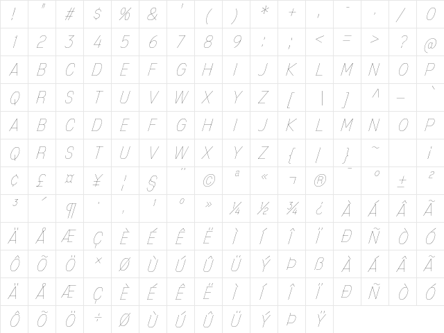 Mixolydian Titling UltraLight Italic  glyph index