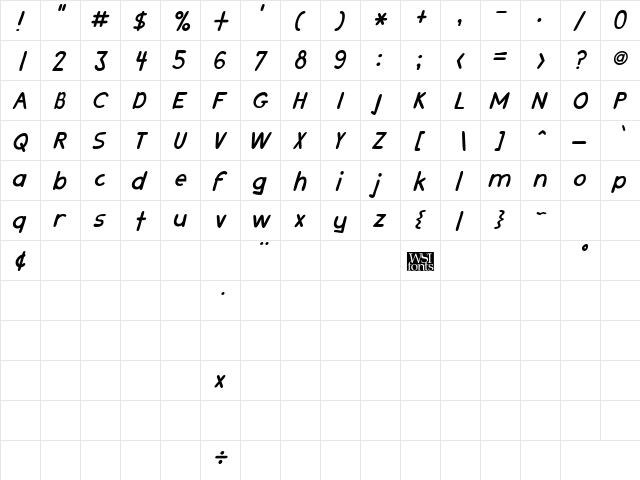 Muse Bold Italic  glyph index