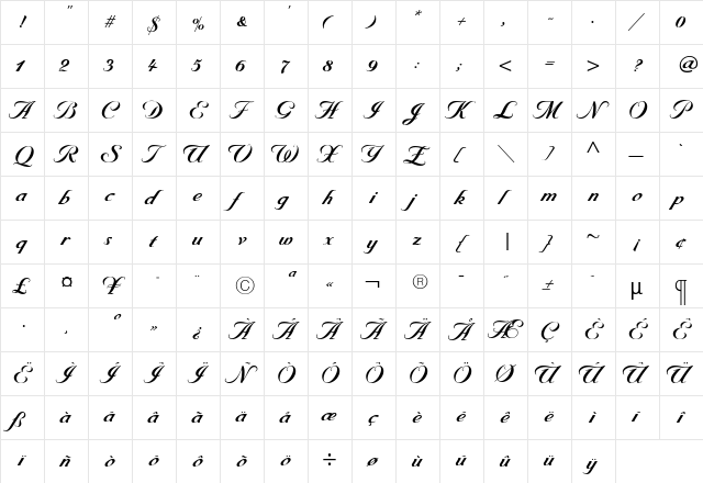 Byron Bold Regular  glyph index