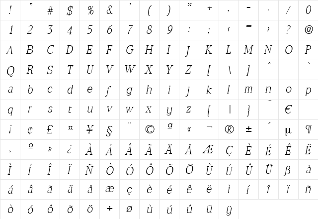 Toledo-XlightIta Regular  glyph index