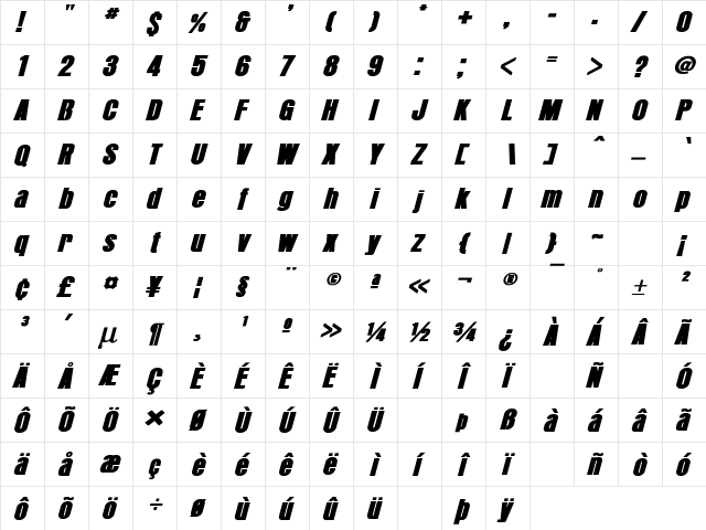 Arroyo Bold Italic  glyph index