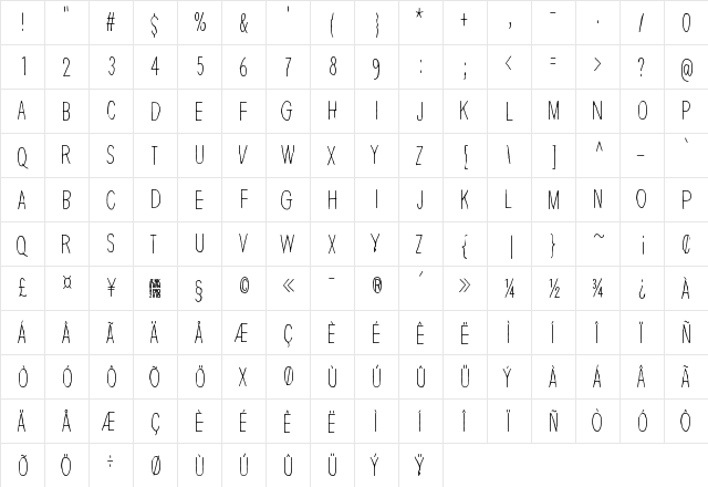Thin king Regular  glyph index
