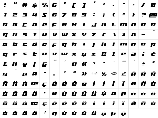 Turbo Charge Light Italic Light Italic  glyph index