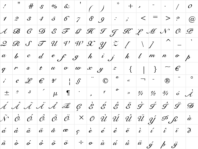 Roundhand Bd BT Bold  glyph index