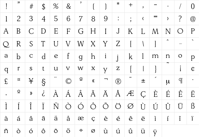 Derringer-Light Regular  glyph index