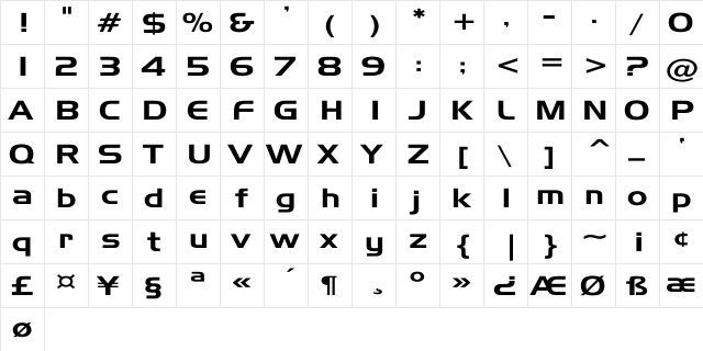 Handel Gothic Wd Regular  glyph index