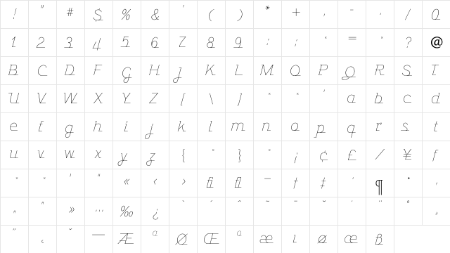 JavelinLight Regular  glyph index