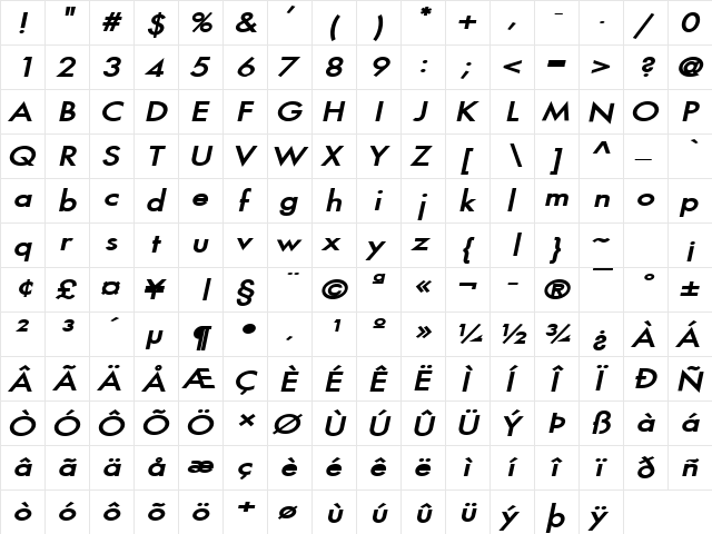 Fusi Wide BoldItalic  glyph index