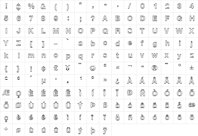 HelveticaNeue LT 75 BdOutline Regular  glyph index