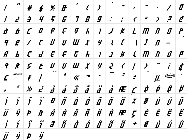 Valkyrie Expanded Bold Italic Expanded Bold Italic  glyph index