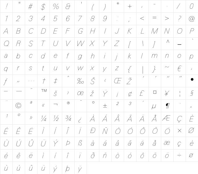 LTUnivers 131 BasicUltLtIt  glyph index