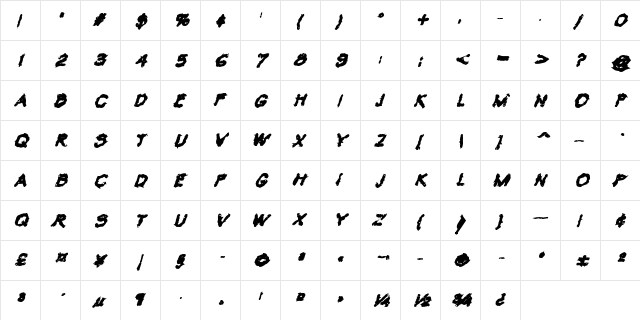 VTC Krinkle-Kut Bold Italic  glyph index