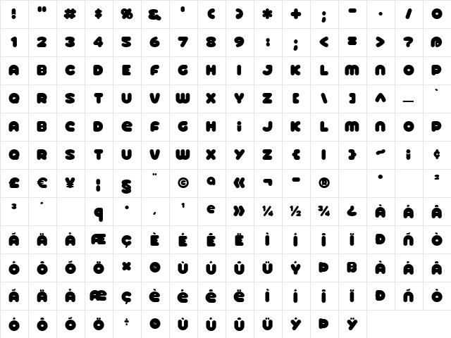 Roller Baby BV Regular  glyph index