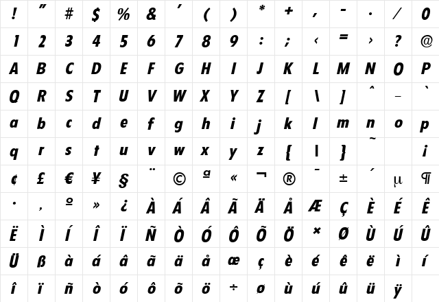 FloridaSerial-Xbold Italic  glyph index