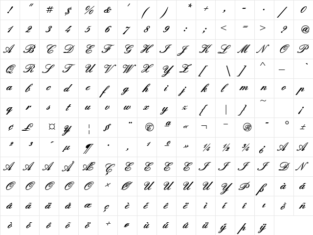 QuadrilleScriptBlackSSK Bold  glyph index