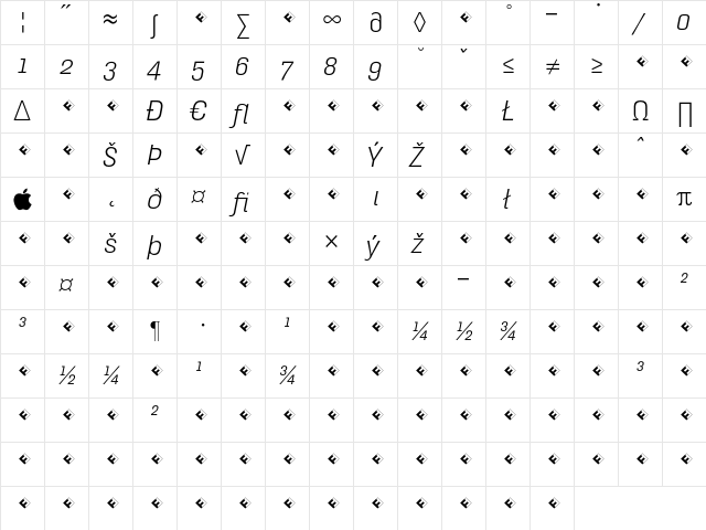 HydraText-LightItalicExpert Regular  glyph index