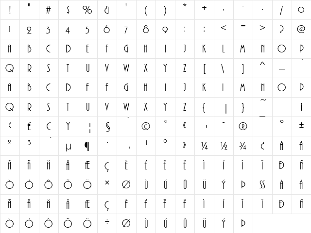 Pizzicato-Osf Regular  glyph index