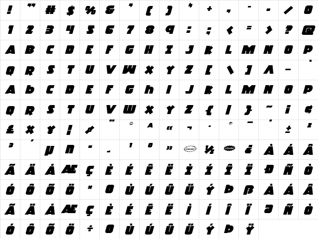 Racket Squad Expanded Italic Expanded Italic  glyph index