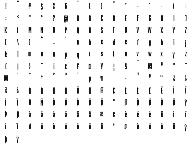 Rabiosa Regular  glyph index