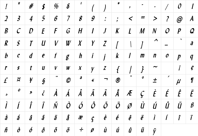 Lynda Thin Bold Italic  glyph index