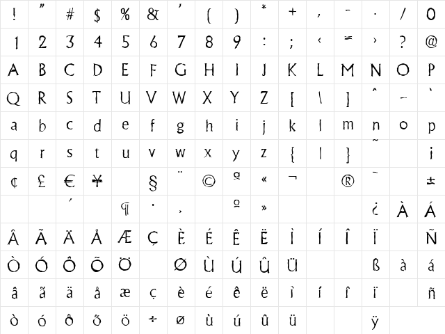 JacobBeckerAntique-Light Regular  glyph index