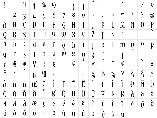 Yataghan Regular  glyph index