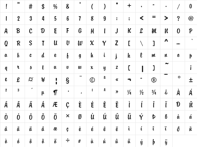 DTCBrodyM38 Regular  glyph index
