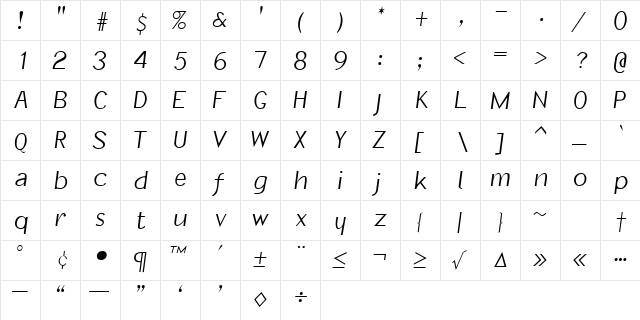 CarnubaSSK Italic  glyph index